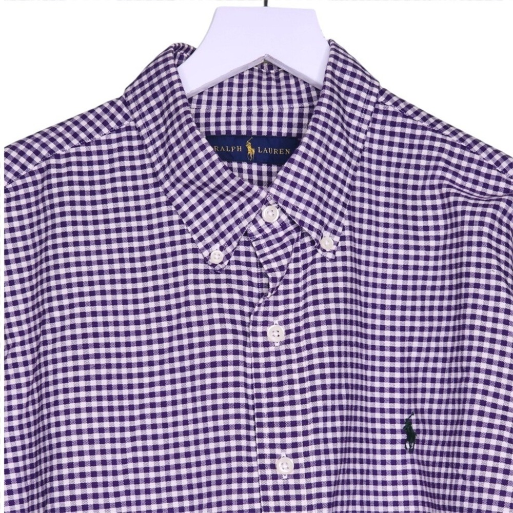 Ralph Lauren Purple White Gingham Button Shirt Oxford Pony Logo Vintage 90s XL